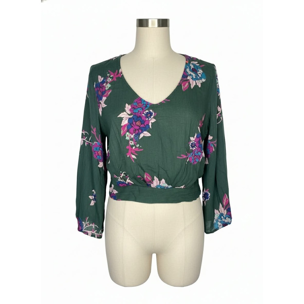 Patrons Of Peace Crop Top Wrap Back Tie Green Floral long flare sleeve Medium